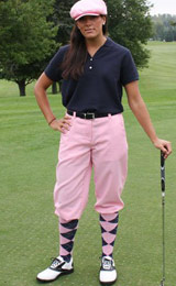 Womens plus fours and knickbockers - perfectly tailor made to measure in a low waist slim fit style for the young look. Comfortable yet dressy, with belt loops and zip front closure, side pockets and elastic stretch at the knee make this a must have for the golf course!