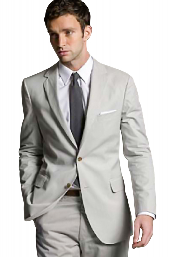 Made from lightweight cotton, this silver suit features a two button single breasted suit jacket with sophisticated slim notch lapel, a boutonniere on the left lapel, and a center vent paired with equally stylish flat front pants with slash pockets, and hand stitched cuff hems.