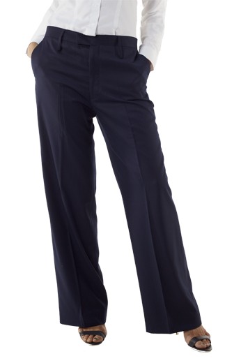 Dazzling hand tailored blue pants with flare legs and two vertical front pockets. A front zipper incorporated with two point hook buttons on the waistband for secure closure. Gorgeous hand sewn cuffs and hems for neat look.