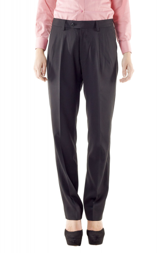 Splendid full length black pants with front slash pockets and ravishing reverse double pleats. Give a mesmerising casual office look with custom shirts and vests. Have-on-show two buttons on the waistband and a front zipper for easy closure. With beautifully done hems and cuffs, these bespoke formal pants can be ordered in wool and or cashmere.