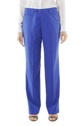 Regal royal blue custom pants with exquisite hand sewn cuffs and hems and two horizontal front pockets. Dapper bespoke pants for casual work look. Buttoned waistband and zipper fly for comfortable front closure.