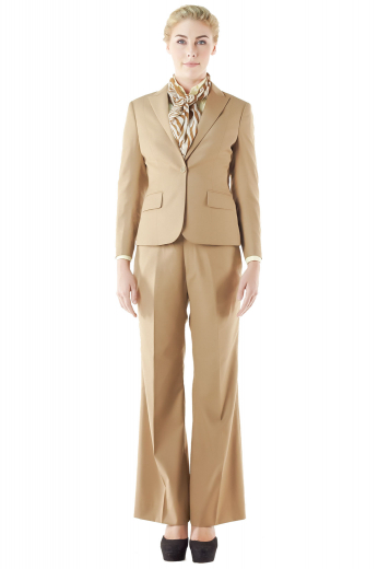 Stunning slim jackets and flare legs pants make these formal tan pant suits a fashion treat for stylish women. Jackets feature slim ruled notch lapel collars, flapped lower pockets, four striking buttons on the cuffs sleeves and one front button. Custom bootcut pants with slash front pockets can be closed with a zipper fly accompanied by hook closure buttons on the waistband. You can order these handmade pant suits in wool and or cashmere.