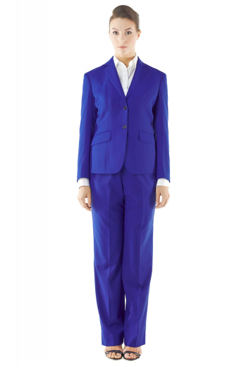 Classy royal blue pant suits putting to view dapper slim cut jackets with four contrast black buttons on the sleeves cuffs, two contrast front closure buttons, two lower flapped pockets and hand pressed notch lapels, and bewitching flare legs bootcut pants with belt loops, impressive double piped front pockets and buttoned hook on the waistband with zipper fly to close. They can be handmade with easy use wool and or cashmere.