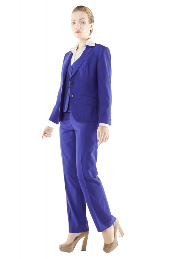 Stay fashionable in this stunning custom made royal blue pant suits featuring slim vests, figure flattering jackets and snug fit suit pants. Handmade V neck vests with rounded square bottoms display four front closure buttons. Tailor made flat front pants with vertical pockets put to view zipper fly and buttons on the waistband for closure. Bespoke slim jackets with two slanted flapped lower pockets and notch lapels have two front buttons to close.



