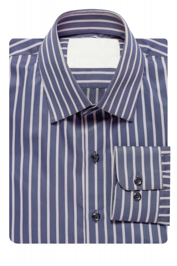 Behold a tailor-made slim cut men's dress shirt with an Ainsley collar and rounded barrel cuffs. This bespoke dress shirt comes with a plain striped back and custom made front finish for edgy class.

