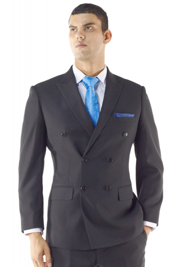 A made to measure double breasted six button suit jacket with tailored two closure buttons, peak lapels, a bespoke boutonniere on the left lapel, an upper welt pocket, and tailor made lower flap pockets made just for you.