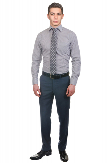 A classic handmade men's slim fit pair of wrinkle-free metallic blue sharkskin flat front suit pants with tailor made front slash pockets, two made to order back pockets, and custom made extended belt loops, all held up by a tailored two-point button and hook closure waistband.