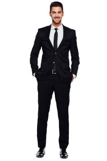 The modern day bond look is enjoyed in this very slim fit tailored mens suit, custom made in black. Featuring narrow lapels, slim sleeves and slim fit pants with 15 inch bottoms giving this tailor made ensemble a very trendy air.