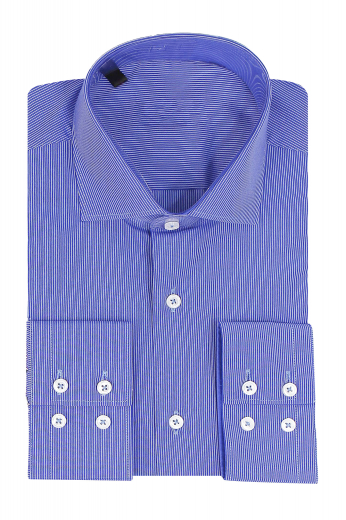 You're all set to experience a visual treat with this mens bespoke striped blue business shirt in Supima cotton. Coming from the latest range of luxurious handmade garments at My Custom Tailor, you can buy this mens handmade striped blue cotton dress shirt at affordable rates. This mens handmade striped blue dress shirt features a full spread collar with 3 inch collar points and squared and 2 buttoned barrel cuffs. Roll in luxury by wearing this mens custom made cotton dress shirt to flaunt a corporate look like never before.