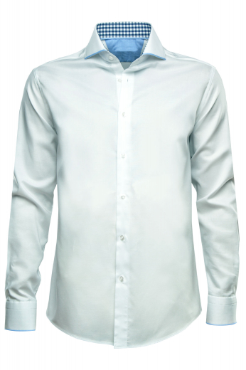 With a super stunning placket front and a comfortable plain back, this mens bespoke cotton business shirt in ice white is a perfect formal that you can wear to work daily. This mens handmade ice white business shirt features a semi spread collar with 3 inch wide collar points and a standard yoke. This mens custom made cotton dress shirt also has amazing rounded mitered barrel cuffs and standard tails that make this garment even more stylish. You can buy this mens made to order cotton dress shirt at My Custom Tailor.