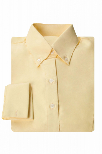 This mens handmade mustard dress shirt in Sea Island Cotton is a formal delight for a trendy work look. This mens bespoke slim fit mustard business shirt has a button down collar with 3 inch wide collar points. With stunning inclusions like squared edge french cuffs and a pleated front, this mens bespoke cotton dress shirt looks classy and elegant when worn with mens bespoke slim fit dress pants. You can buy this super comfortable mens handmade slim fit mustard formal dress shirt at My custom Tailor for elegance that shows.