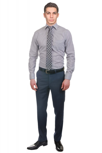 These mens made to order metallic blue dress pants in 120s wool are perfect for attending interviews and regular office work. These mens bespoke slim fit formal pants with a flat front feature an iconic display of hand sewn cuff hems at the bottom, 2 front slash pockets, 2 back pockets, extended belt loops, a 2 point button and hook closure, and a zip fly. You can buy these stellar mens handmade slim fit wool dress pants at My Custom Tailor for a dapper work look.