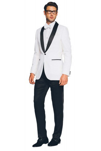 Mens handmade white tuxedo in alpaca wool. Features a mens tailor made tuxedo jacket and mens bespoke slim fit suit pants. The mens tailor made slim fit dinner jacket features a shawl collar with 2 satin-facing rolled lapels, 1 fabric-covered front close button, 2 double piped lower pockets, and 1 upper welt pocket. The mens handmade dress pants feature a zipper fly, a 2 point button and hook closure, 2 front slash pockets, and 2 back pockets. Buy this mens tailor made tux at My Custom Tailor at affordable rates.