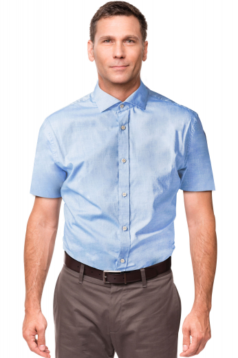 This hand made men's classic short sleeve dress shirt has a sophisticated and timeless slim cut design. Made with the finest fabric, it is a made-to-measure shirt hand sewn by skilled tailors just for you. It features a great semi-spread collar, a placket front, and a plain back that is highly breathable for those hot summer days at the office.