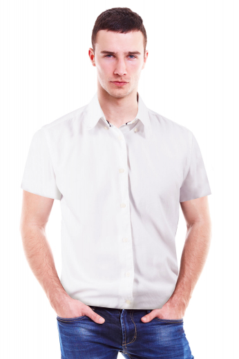 This made to measure men's crisp white short sleeves formal shirt features a flattering slim cut design. It has a plain and simply elegant front and back, standard dress shirt tails, and a European narrow forward point collar to make you look absolutely stylish and debonair. Perfect for the office and other business functions.