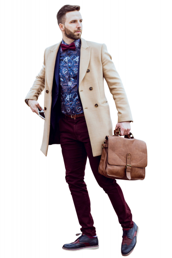 This men's fashionable camel colored coat is tailor made in a fine wool and tweed and cut to a slim fit, featuring a double breasted button closure and piped pockets. 