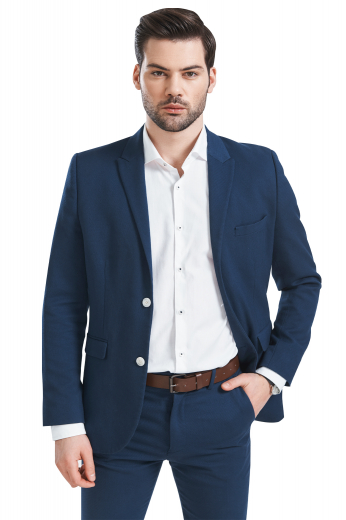 This men's pant suit is tailor made in a wool blend, featuring a single breasted button closure, peak lapels, and slash pockets. 