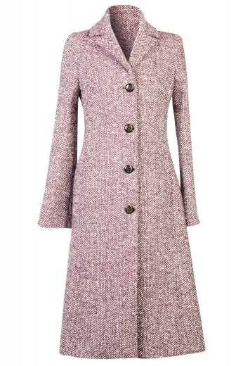 This calf length women's coat is tailor made in a fine red and white wool blend. It is designed in a single breasted button closure with a notch lapel, providing a classic option for everyday winter wear. 