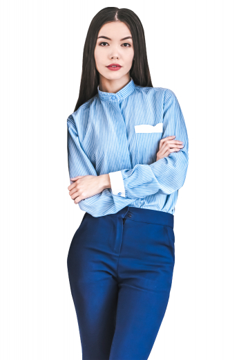 Style no.17015 - A stylish pair of custom tailored women's blue formal pants. This women's pant is tailor made in a wool blend. It features front pockets and a standard button closure, perfect for all occasions. 